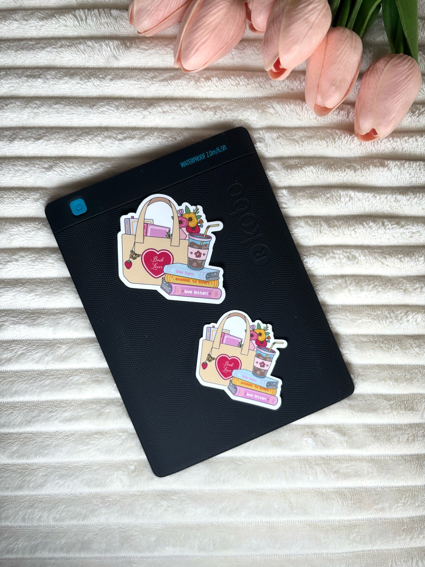 Book Lover Bag with Books & Iced Coffee Die Cut Sticker