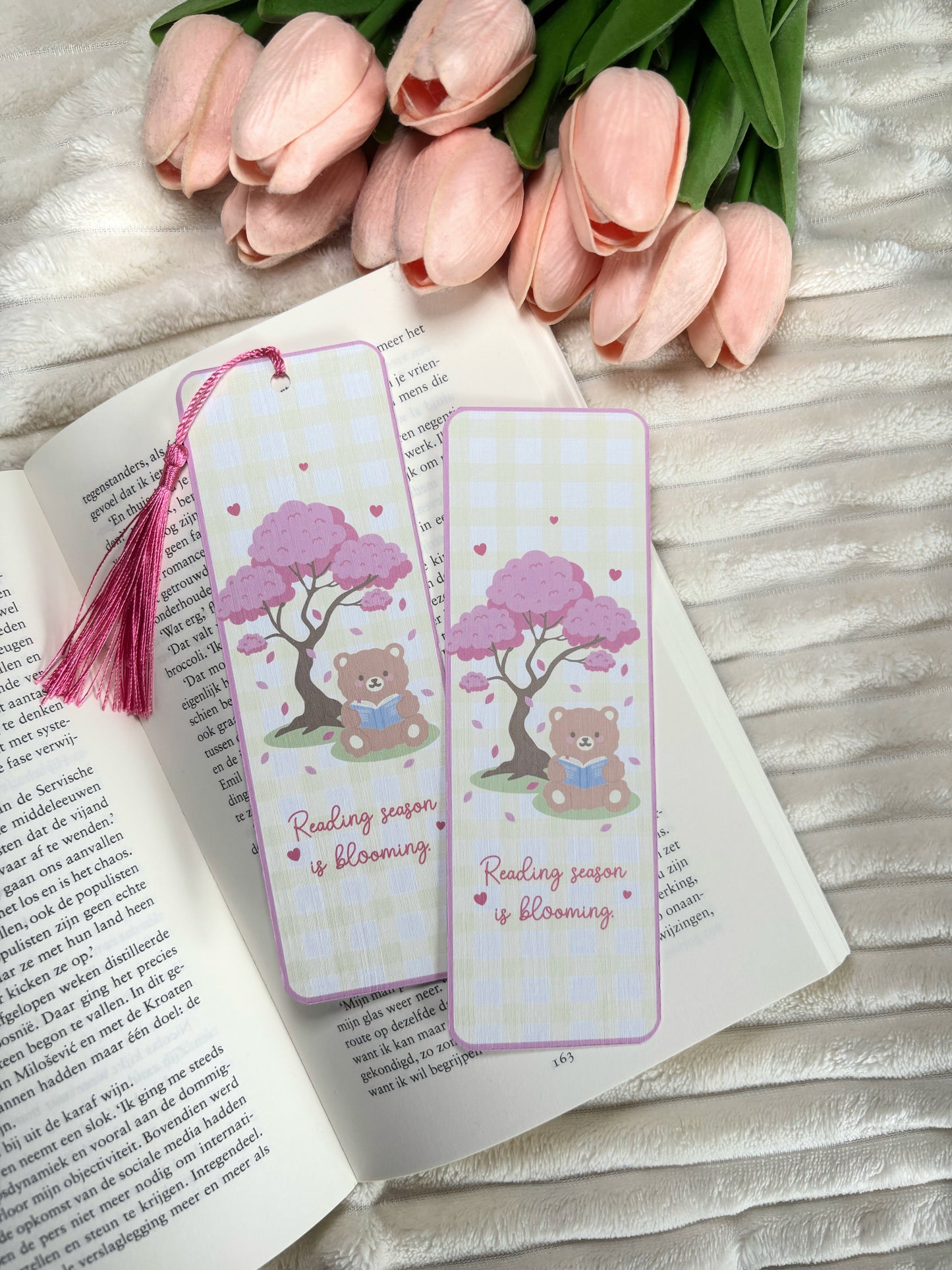 Spring Blossom Teddy Bear Reading Bookmark