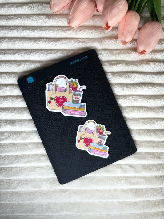 Book Lover Bag with Books & Iced Coffee Die Cut Sticker